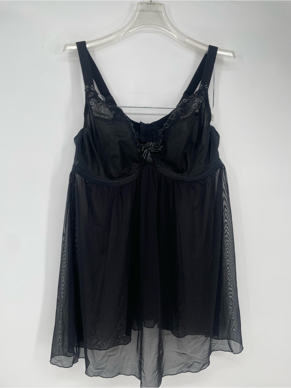 Elomi Black Sheer Mesh Babydoll Lingerie Silver Metallic Embroidery Size 42F